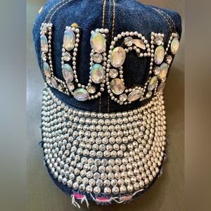 Embellished LUCK Denim Cap with Crystals